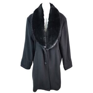 Vintage Gemini Black Wool Blend Coat with Faux Fur Collar Overcoat Made in USA M